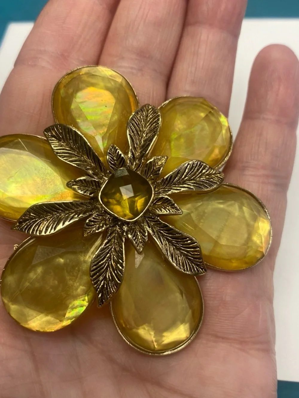 Vintage Monet Yellow Floral Glass Petal Brooch with Gold-Tone Leaves